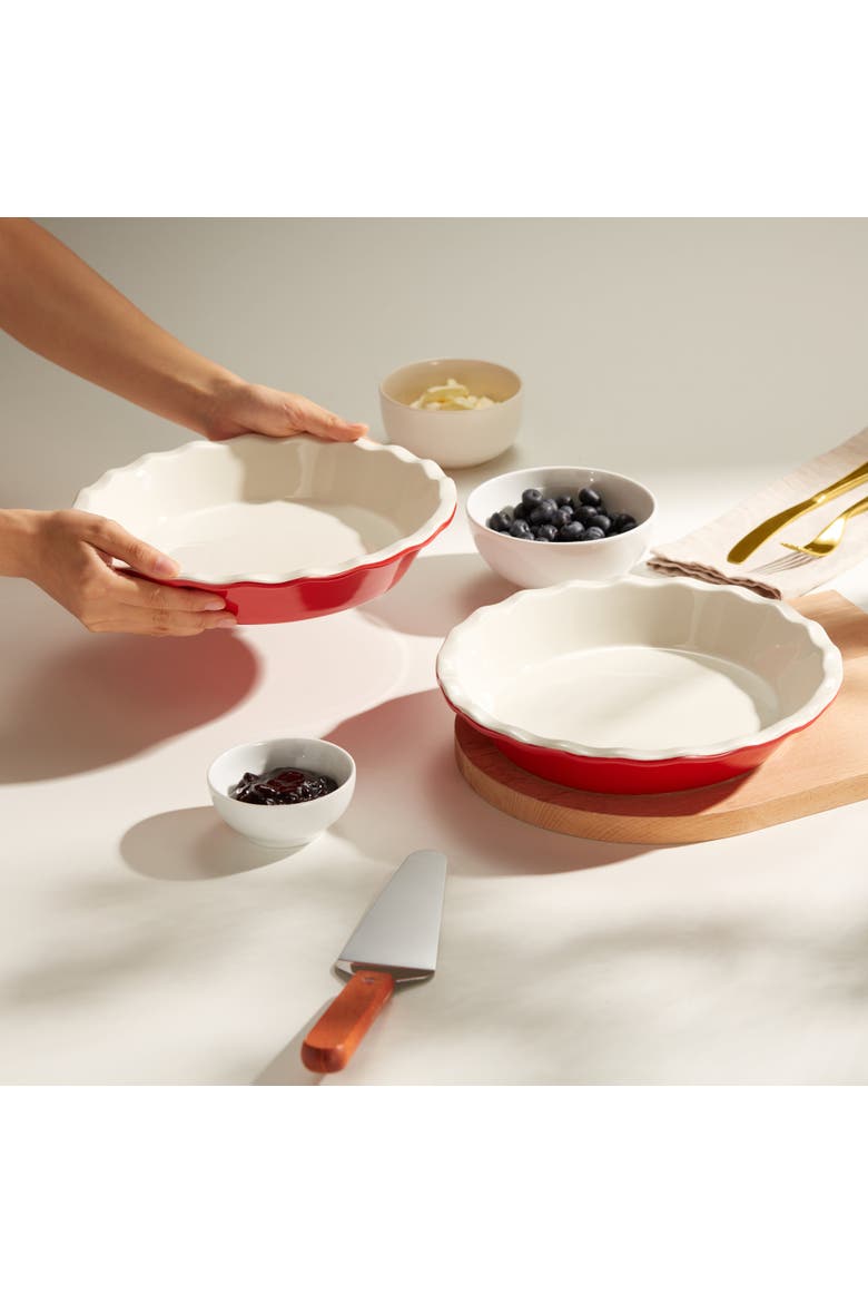 Ceramic Deep Pie Dish with Wave Edge, Alternate, color, Cherry Red