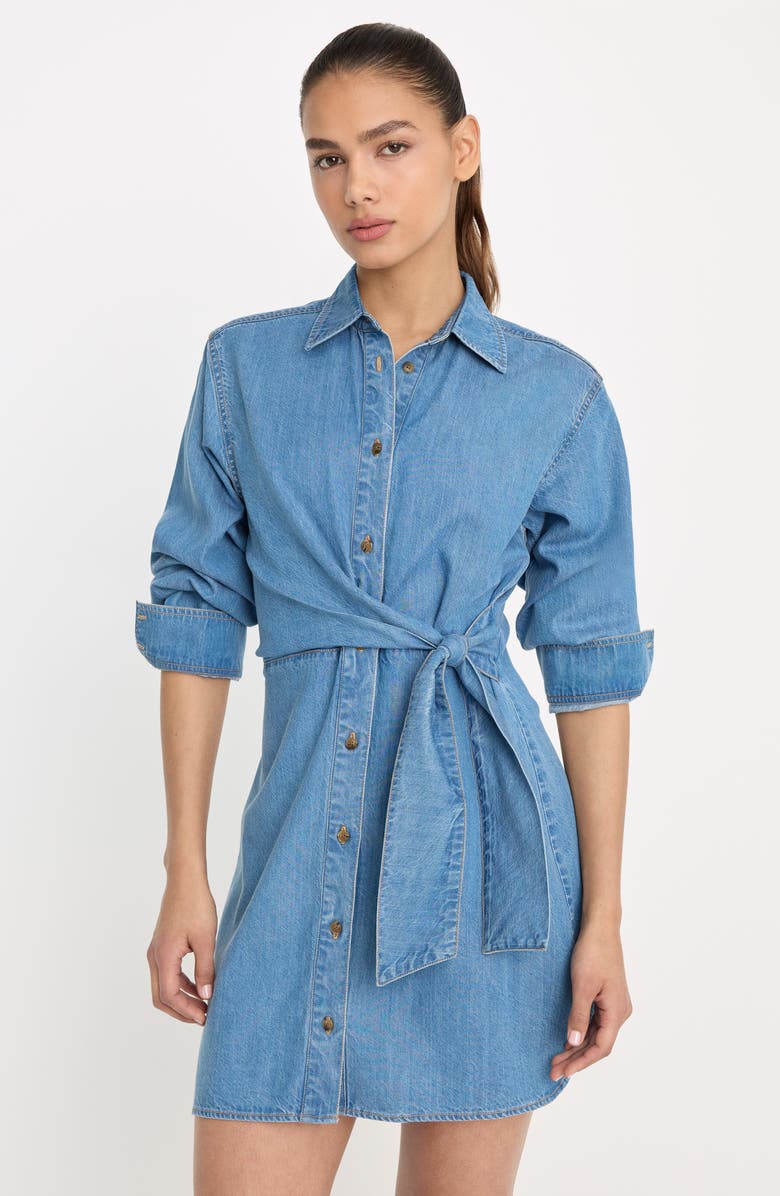 Good American Tie Waist Denim Mini Shirtdress, Alternate, color, Indigo266