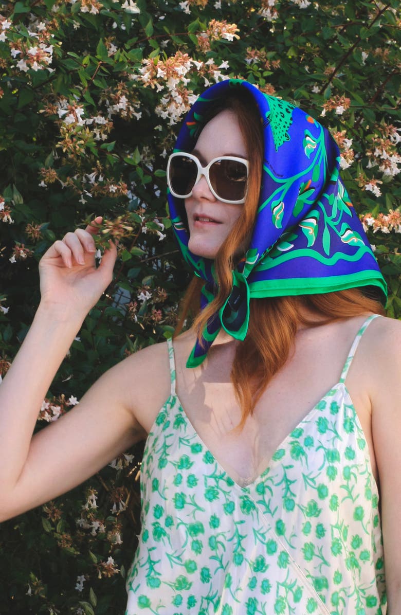 Jessie Zhao New York Double Sided Silk Scarf Of Leopards In The Verdant Wild, Alternate, color, Green