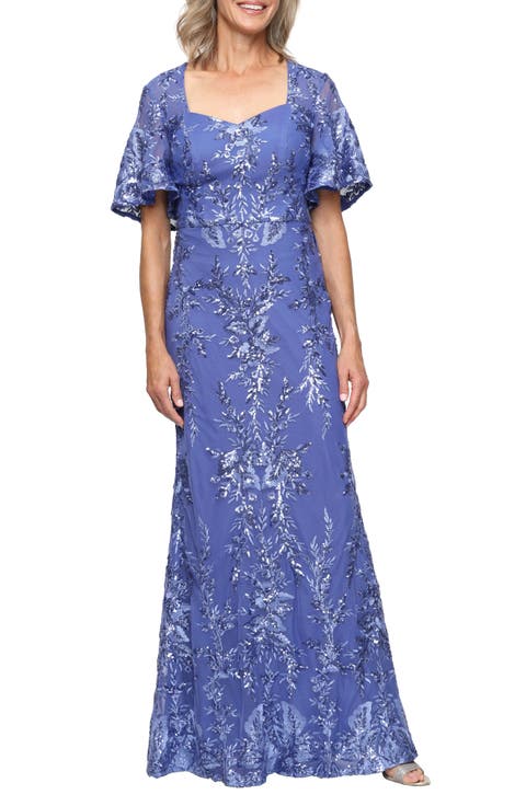 Sequin Embroidered Mesh Gown (Petite)