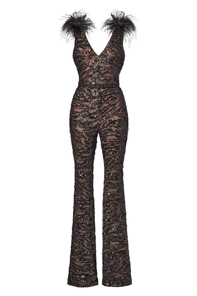 Jenna Ostrich Feather Trim Sequin Belted Jumpsuit, Alternate, color, BLACK