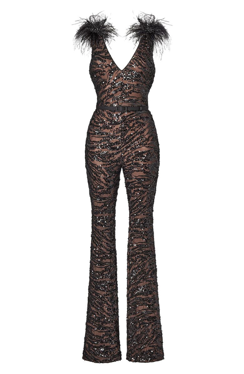 NADINE MERABI Jenna Ostrich Feather Trim Sequin Belted Jumpsuit, Alternate, color, 