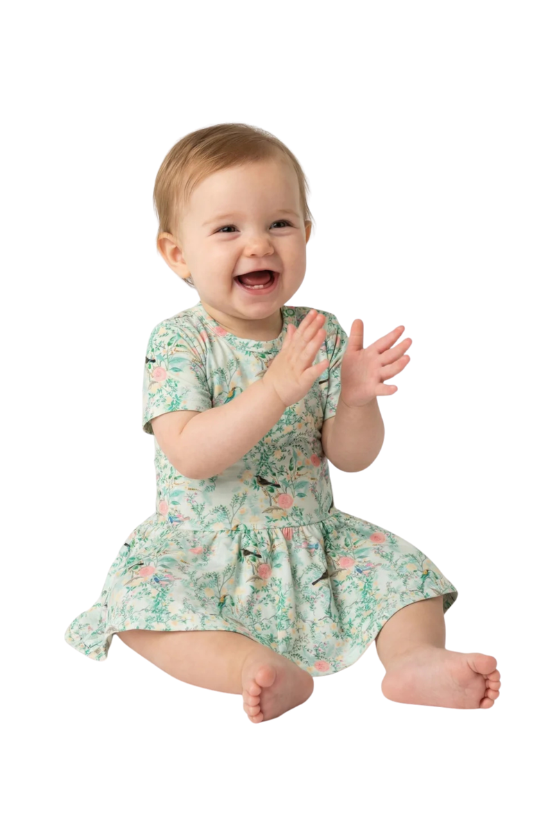 Motette Sage Blossom Twirl Dress with Bodysuit, Alternate, color, Green Vines With Pink Blossoms