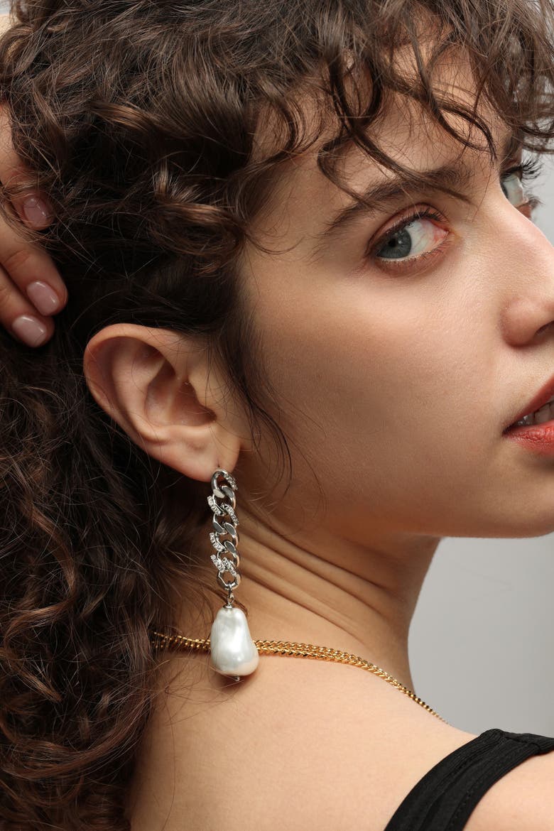 Baroque Pearl Chain Drop Earrings, Alternate, color, Silver