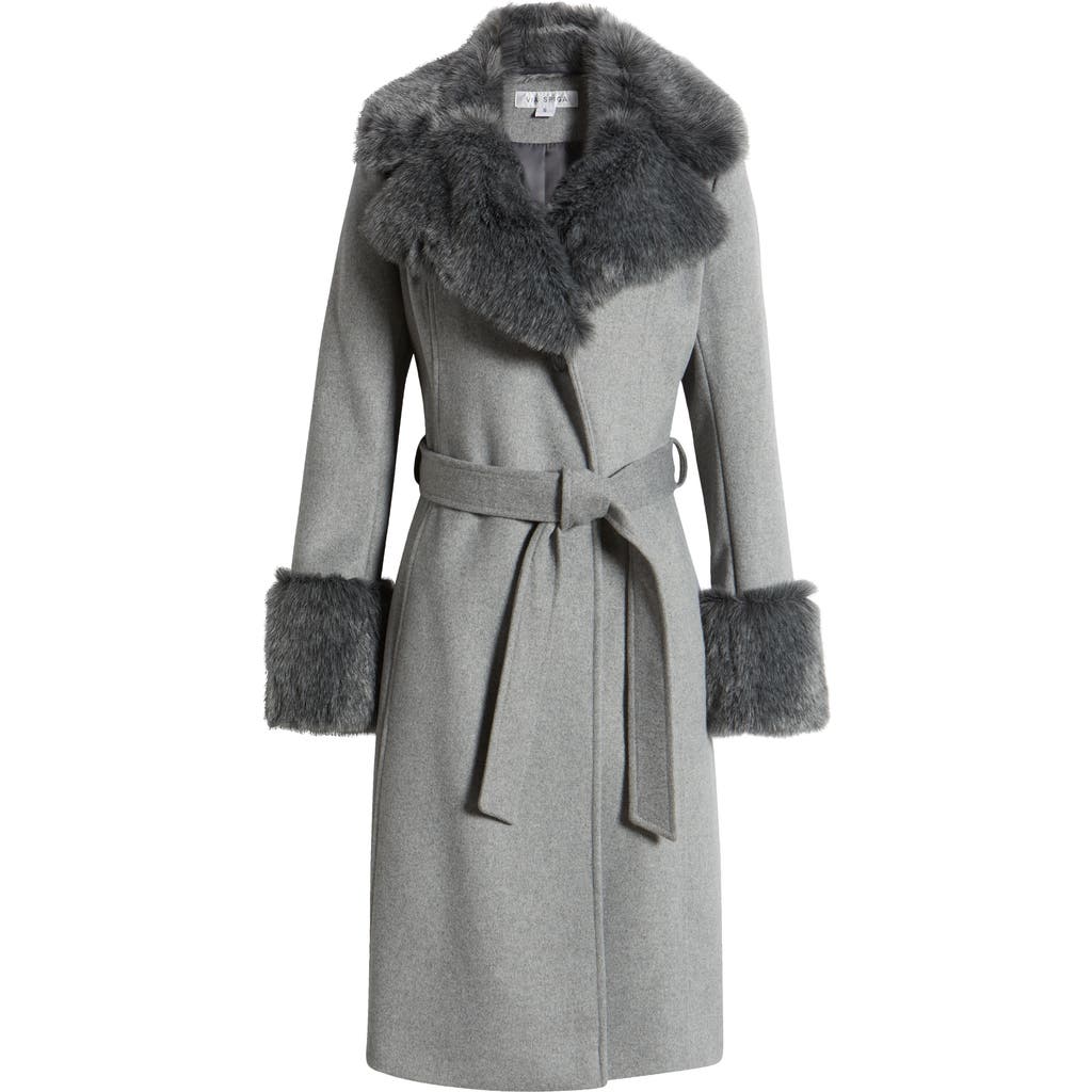 Via Spiga Wool Blend Belted Coat With Faux Fur Trim In Charcoal