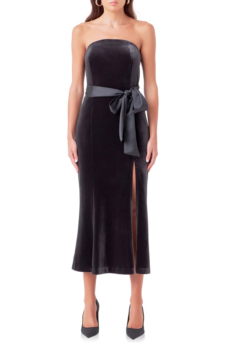 Endless Rose Strapless Velvet Midi Dress, Main, color, Dark Grey