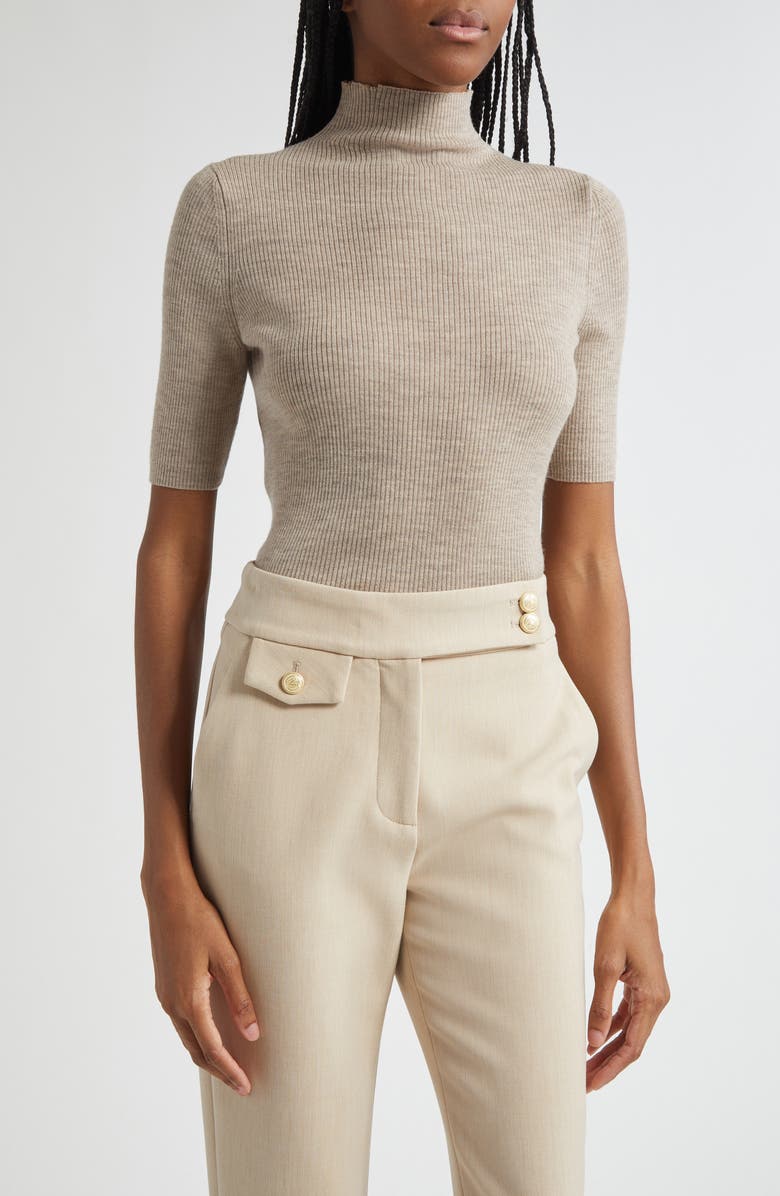 Veronica Beard Alastair Rib Short Sleeve Merino Wool Sweater, Alternate, color, Oatmeal Melange