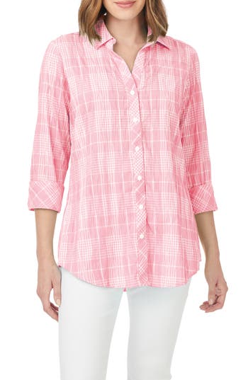 Foxcroft Faith Beach Plaid Button-up Tunic Shirt In Pink