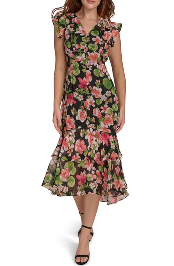 TOMMY HILFIGER TOMMY HILFIGER FLUTTER SLEEVE FLORAL CHIFFON MIDI DRESS