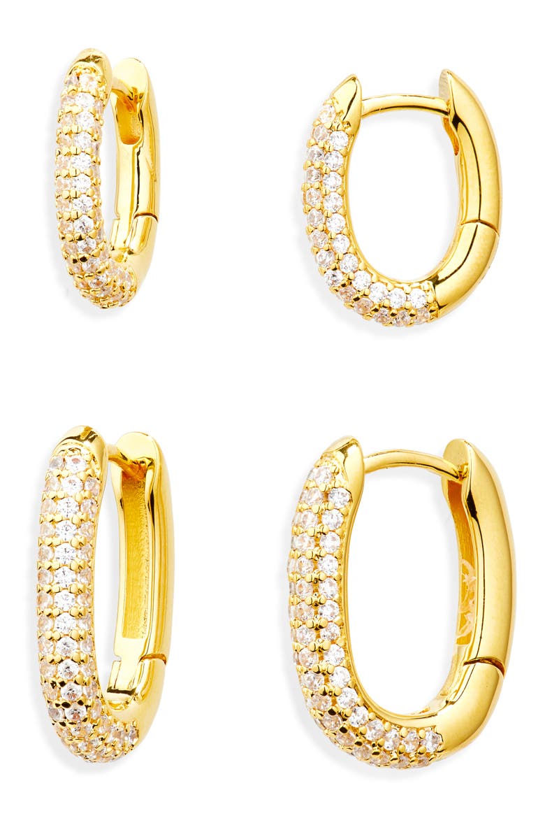 Set of 2 Cubic Zirconia Pavé Oval Huggie Hoop Earrings, Main, color, CLEAR- GOLD