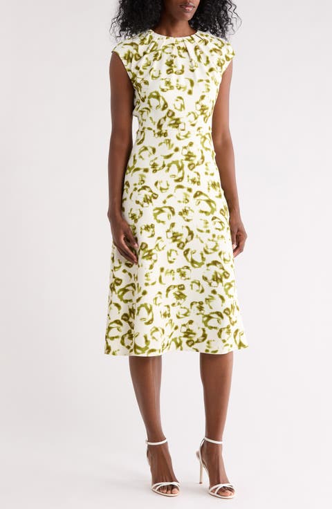 Floral Pleat Neck Cap Sleeve Midi Sheath Dress