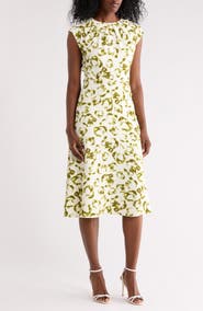 NORDSTROM RACK Floral Pleat Neck Cap Sleeve Midi Sheath Dress