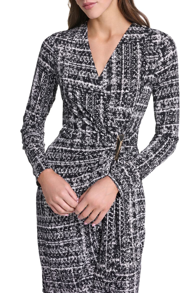 Faux Wrap Long Sleeve Body-Con Dress, Alternate, color, BLACK/ CREAM