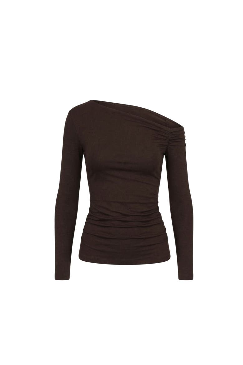 Lune Asymmetric Off-Shoulder Long Sleeve Stretch Top, Alternate, color, Brown