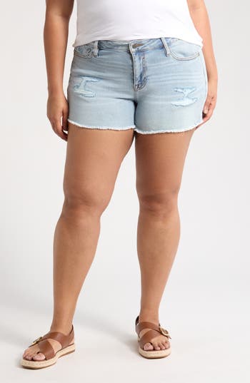 Shop Vigoss Marley Distressed Raw Edge Denim Shorts In Light Wash