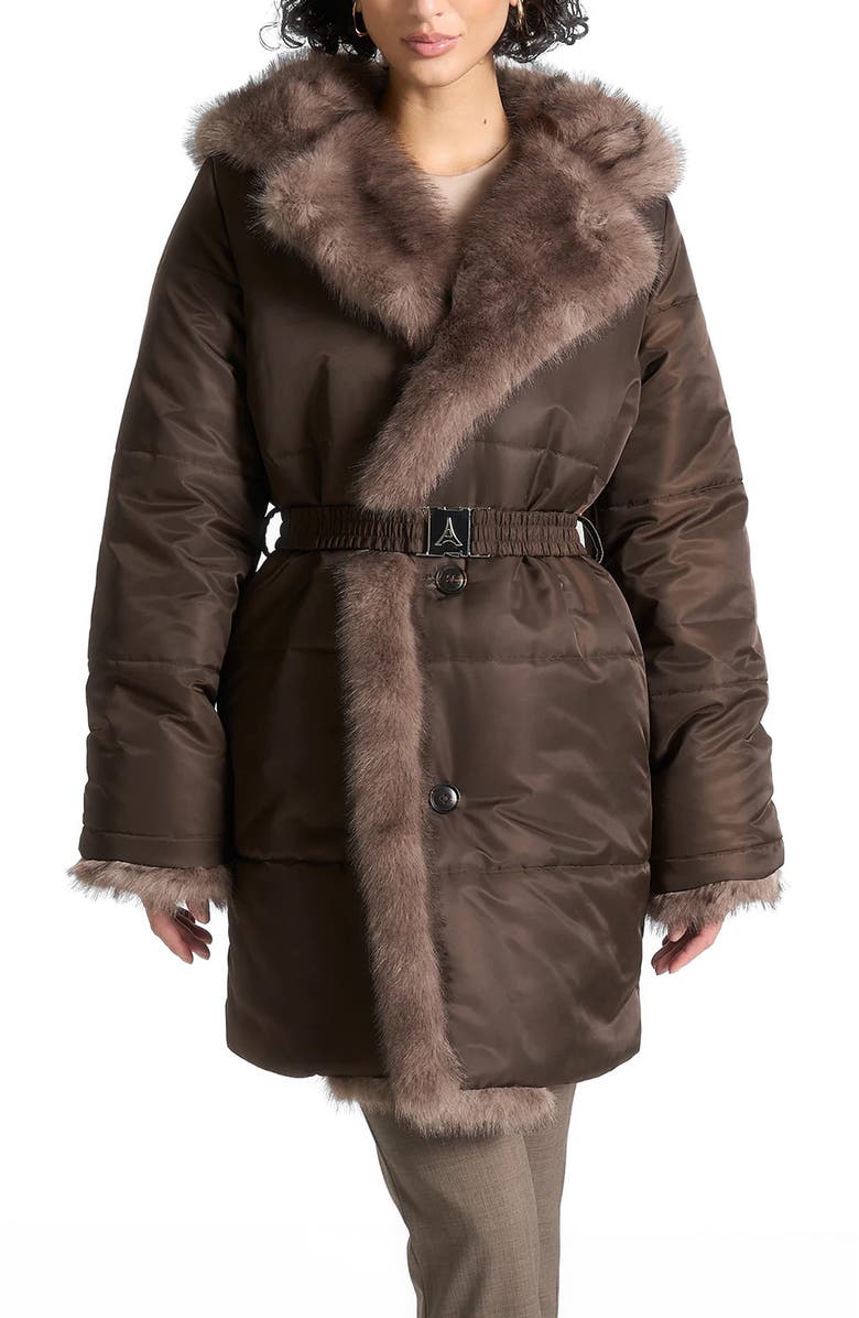 Manière De Voir Alima Fur Longline Belted Coat, Alternate, color, Brown