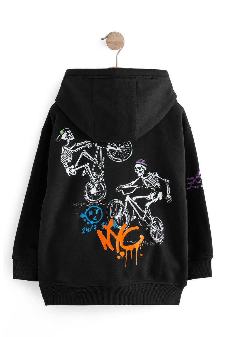 Kids' Skleton Biker Fleece Hoodie, Alternate, color, BLACK