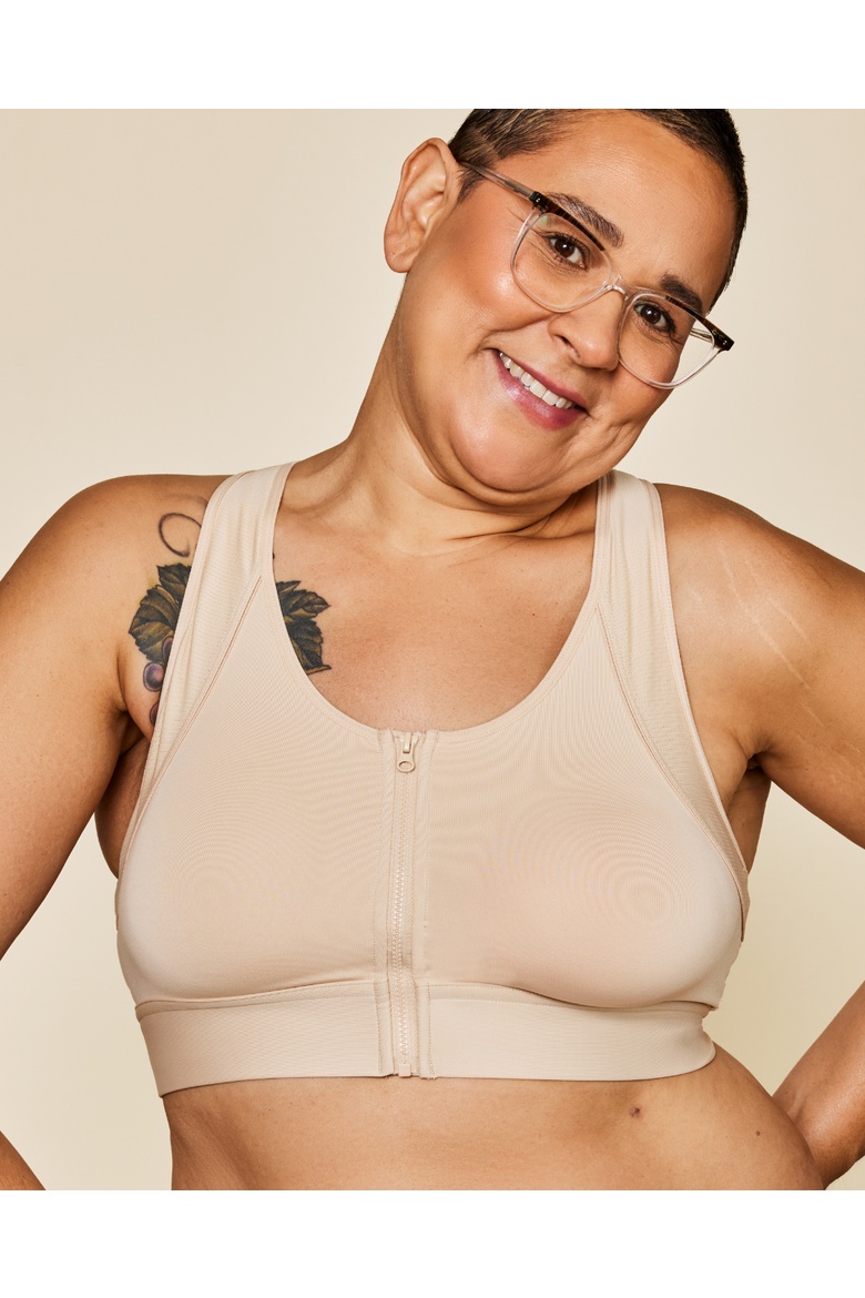 Hero Front Closure Sports Bra Mastectomy Friendly, Main, color, Buff