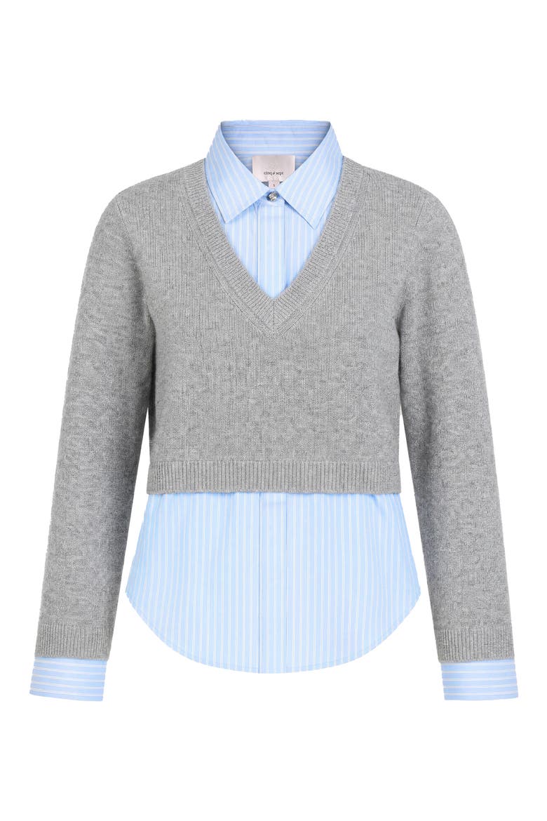 Renna Prelayered Cashmere Sweater & Stripe Button-Up Shirt, Main, color, HEATHER GREY