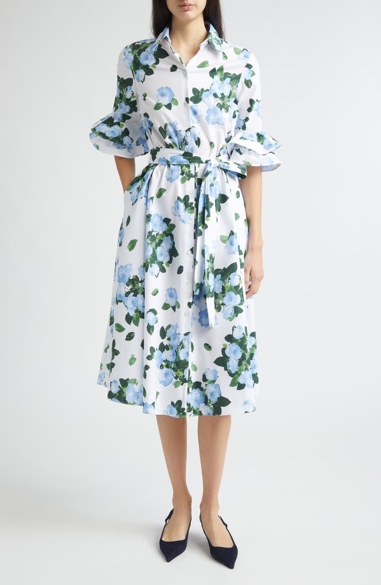 Carolina Herrera Rose Print Belted Midi Shirtdress, Main, color, White Multi