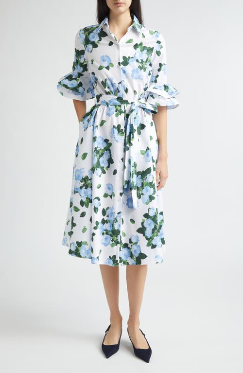 Carolina Herrera Rose Print Belted Midi Shirtdress in White Multi at Nordstrom, Size 4