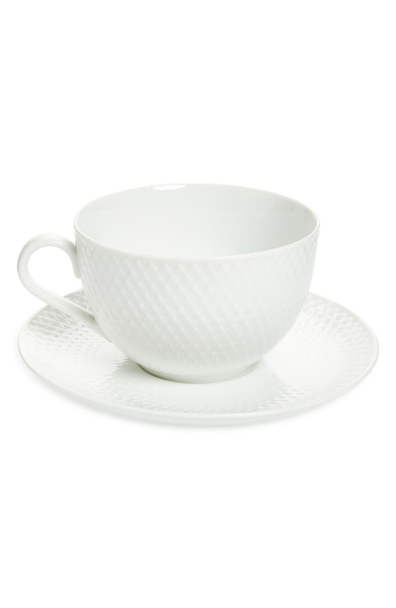Lyngby Porcelaen Rhombe Tea Cup & Saucer, Main, color, White
