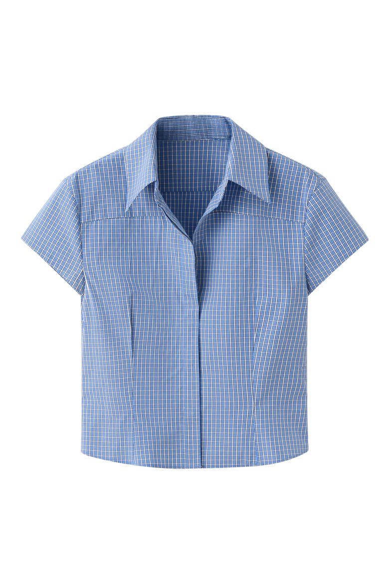 Starring Hailey Bieber Gigi Check Print Crop Cotton Shirt, Alternate, color, BLUE