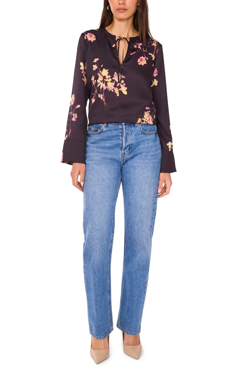 Vince Camuto Floral Split Neck Top, Alternate, color, Rich Black