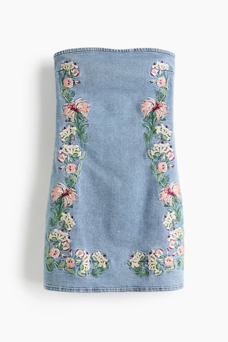 Embroidered Denim Bandeau Dress, Alternate, color, Denim blue/floral