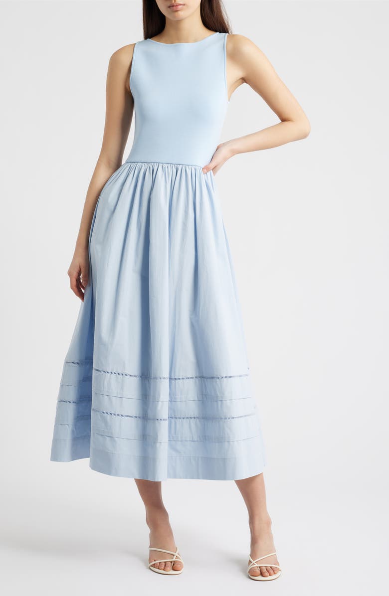 MOON RIVER Sleeveless Mixed Media Midi Dress, Main, color, Light Blue