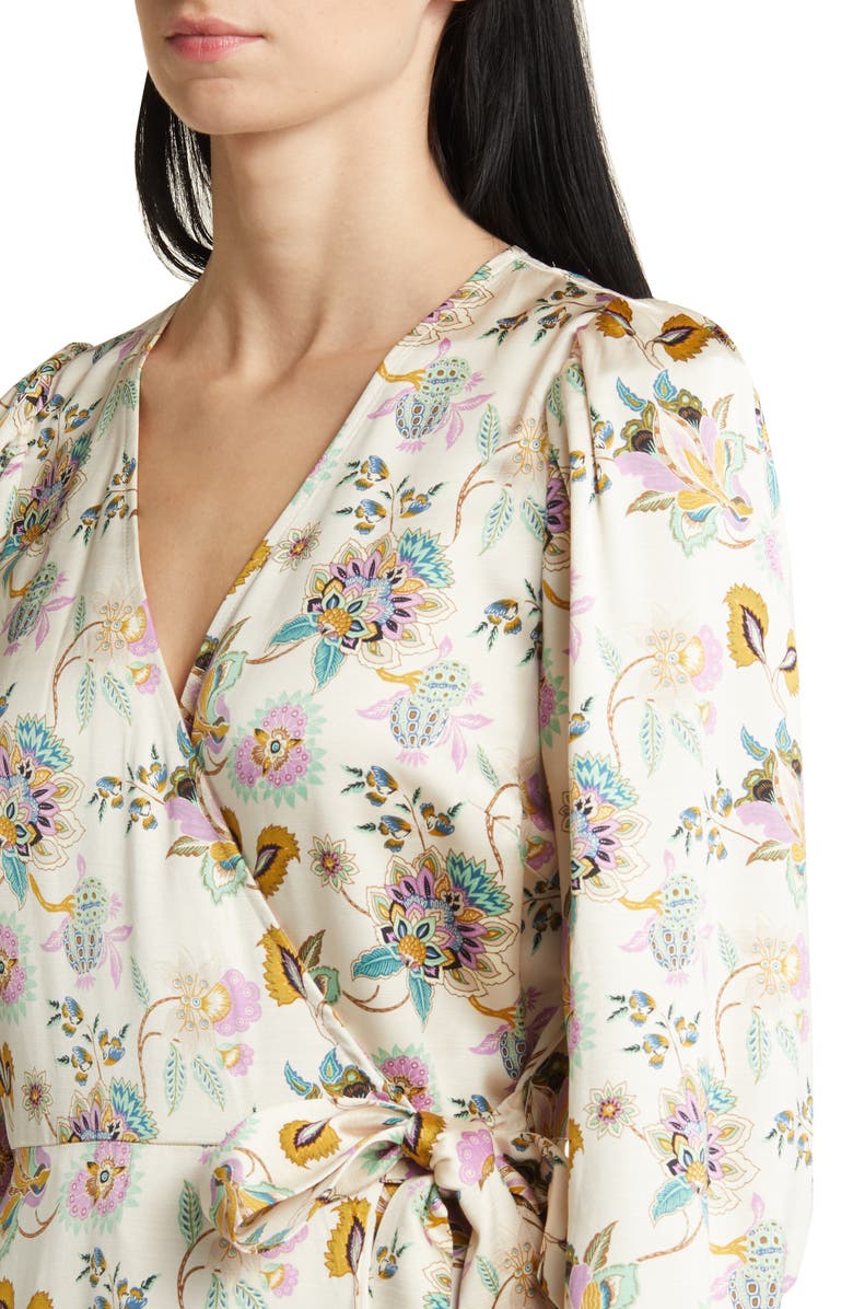 & Other Stories Paisley Ruffle Long Sleeve Satin Wrap Dress, Alternate, color, Beige