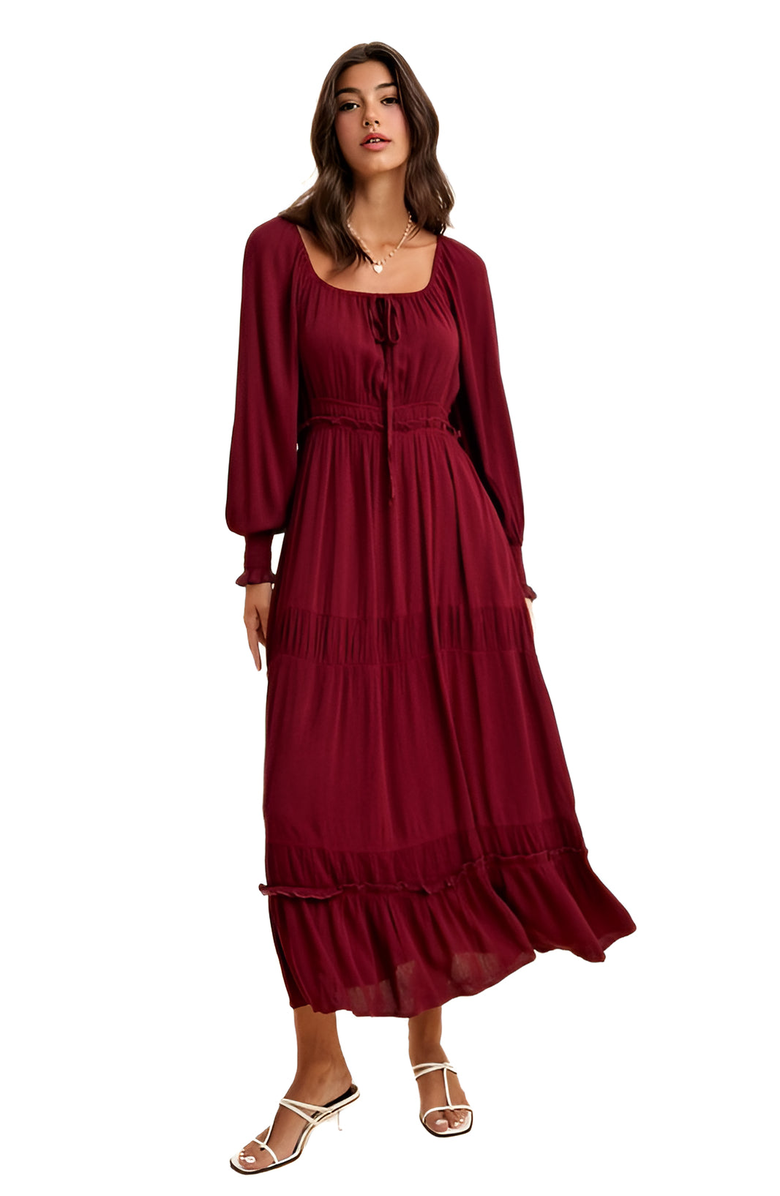 Knit and Lounge Long-Sleeve Smocked Maxi Dress with Tiered Skirt, Alternate, color, Burgundy