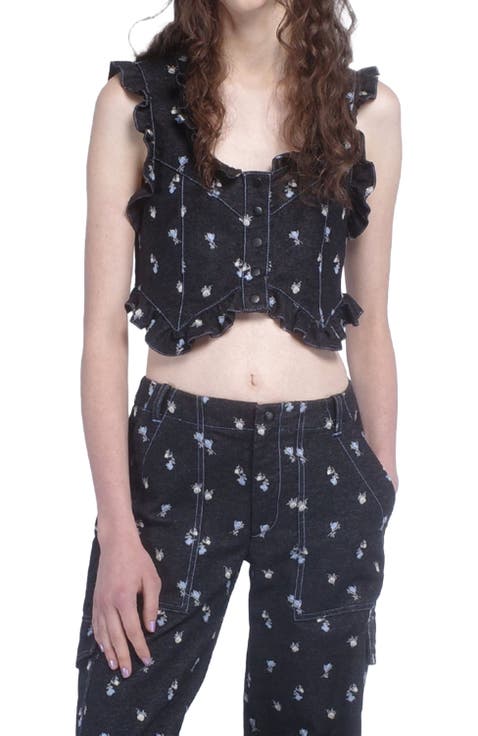 Denim Embroidered Roses Cropped Vest