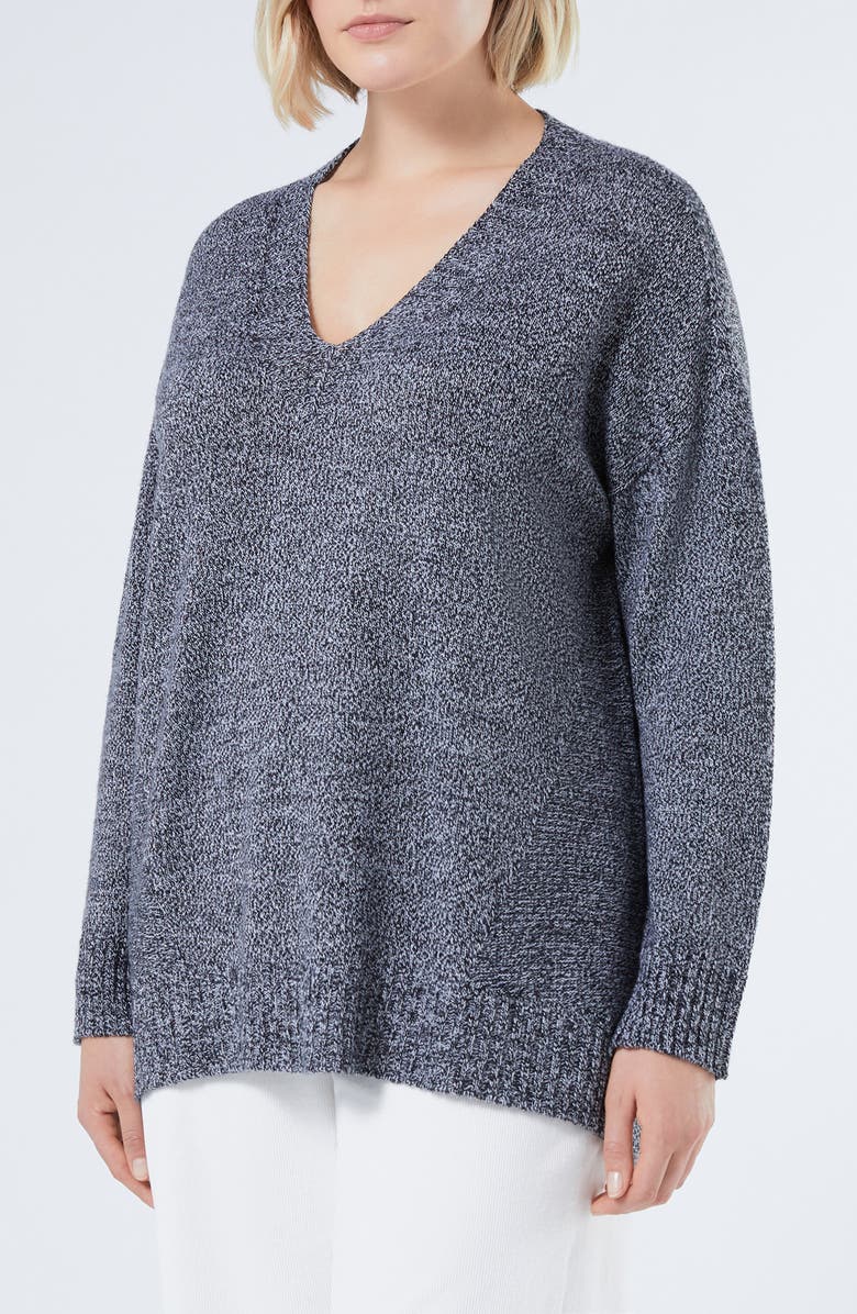 Marina Rinaldi Sierra V-Neck Wool Blend Sweater, Main, color, Black White