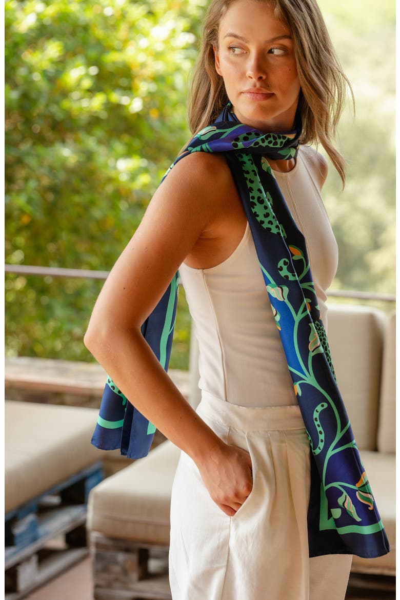 Leopards In The Verdant Wild Oblong Silk Scarf, Alternate, color, Blue
