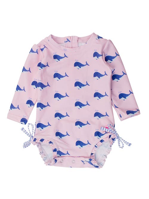 Rufflebutts Baby Girls Long Sleeve Upf50+ One Piece Rash Guard In Pink Whale Friends