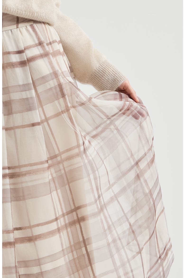 Silk organza pleated skirt in macrocheck print, Alternate, color, Beige