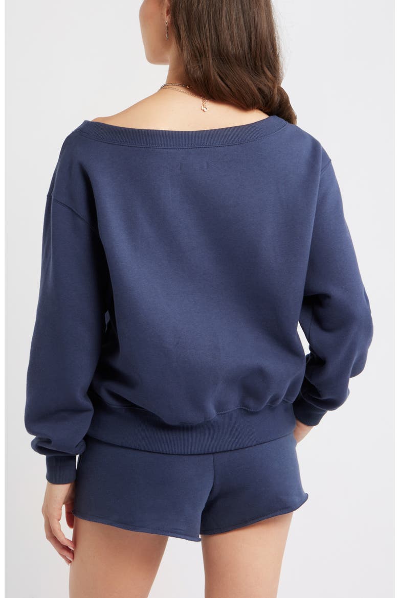 Off the Shoulder Fleece Graphic Sweatshirt, Alternate, color, NAVY- BLUE HAMPTON