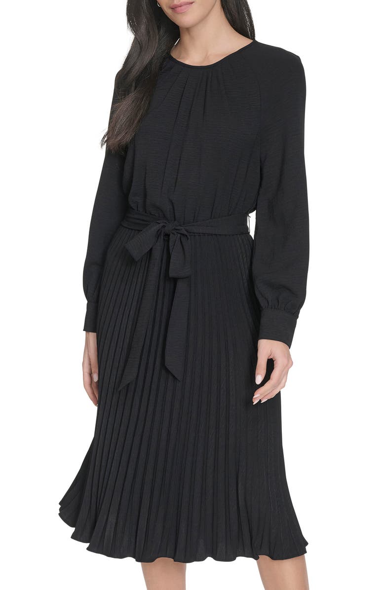 Calvin Klein Aerowash Long Sleeve Pleated Midi Dress, Alternate, color, Black