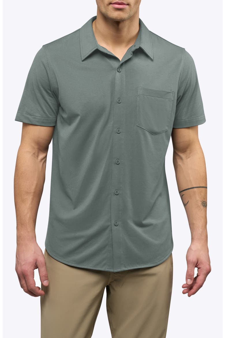 AO Curved Hem Short Sleeve Button-Up Shirt, Main, color, SAGE