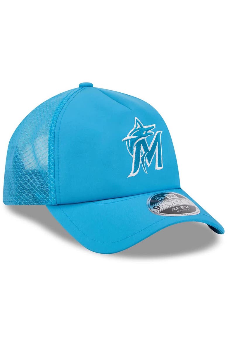 Men's New Era Blue Miami Marlins 2026 Batting Practice Apex 9FORTY Adjustable Trucker Hat, Alternate, color, Blue