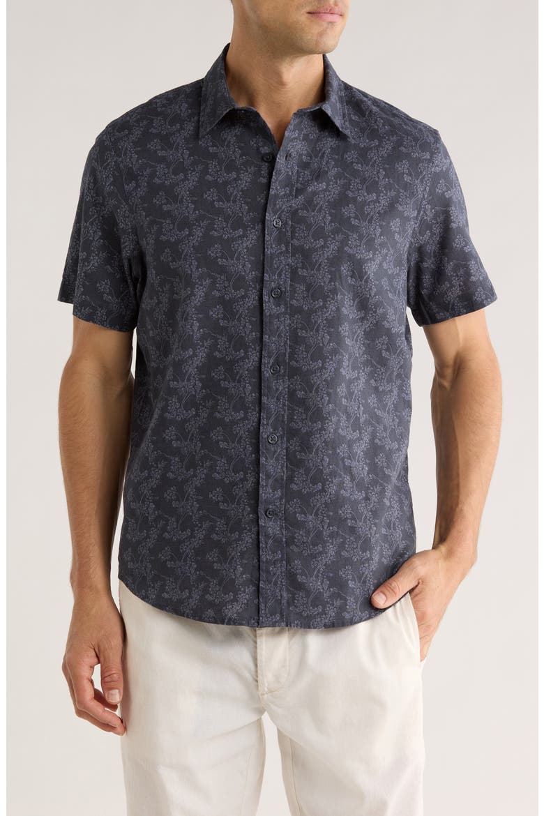 Floral Print Short Sleeve Linen & Cotton Button-Up Shirt, Main, color, NAVY SCROLLING FLEUR