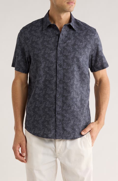 Print Short Sleeve Linen & Cotton Blend Button-Up Shirt