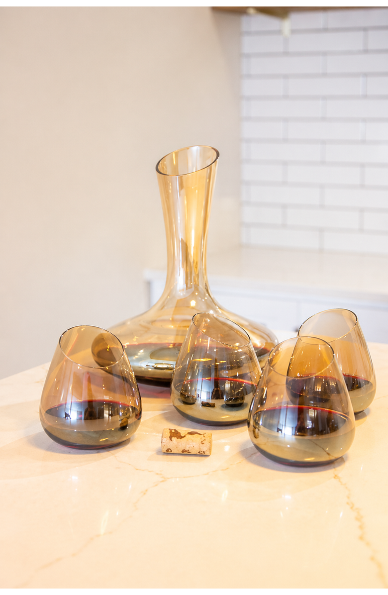 Jeanne Fitz Slant Collection Wine Decanter and Set of Four Stemless Wine Glasses, Gold, Alternate, color, Gold
