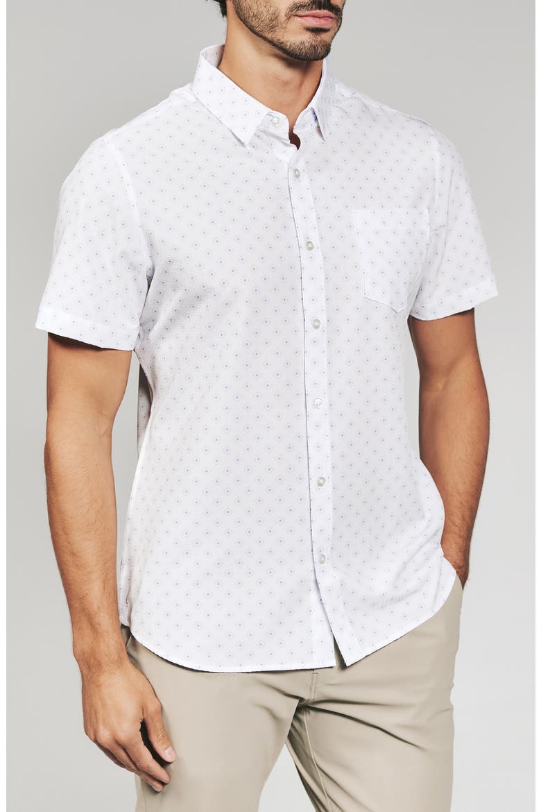 Kanan Diamond Print Short Sleeve Stretch Seersucker Button-Up Shirt, Main, color, WHITE