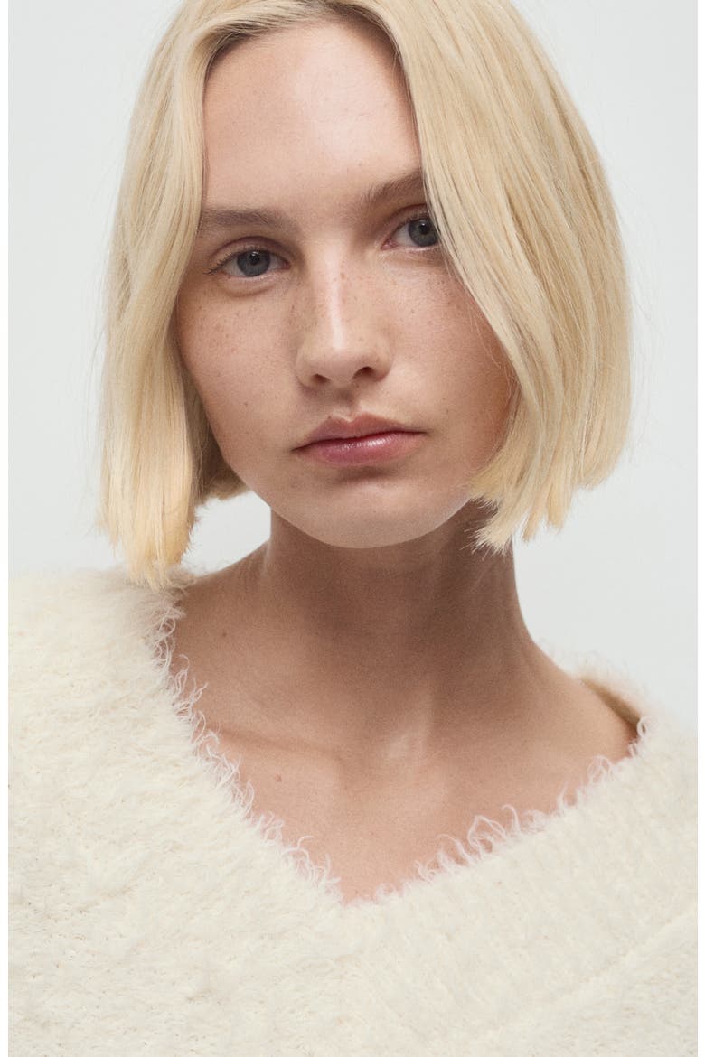 Faux Fur V-Neck Sweater, Alternate, color, ECRU