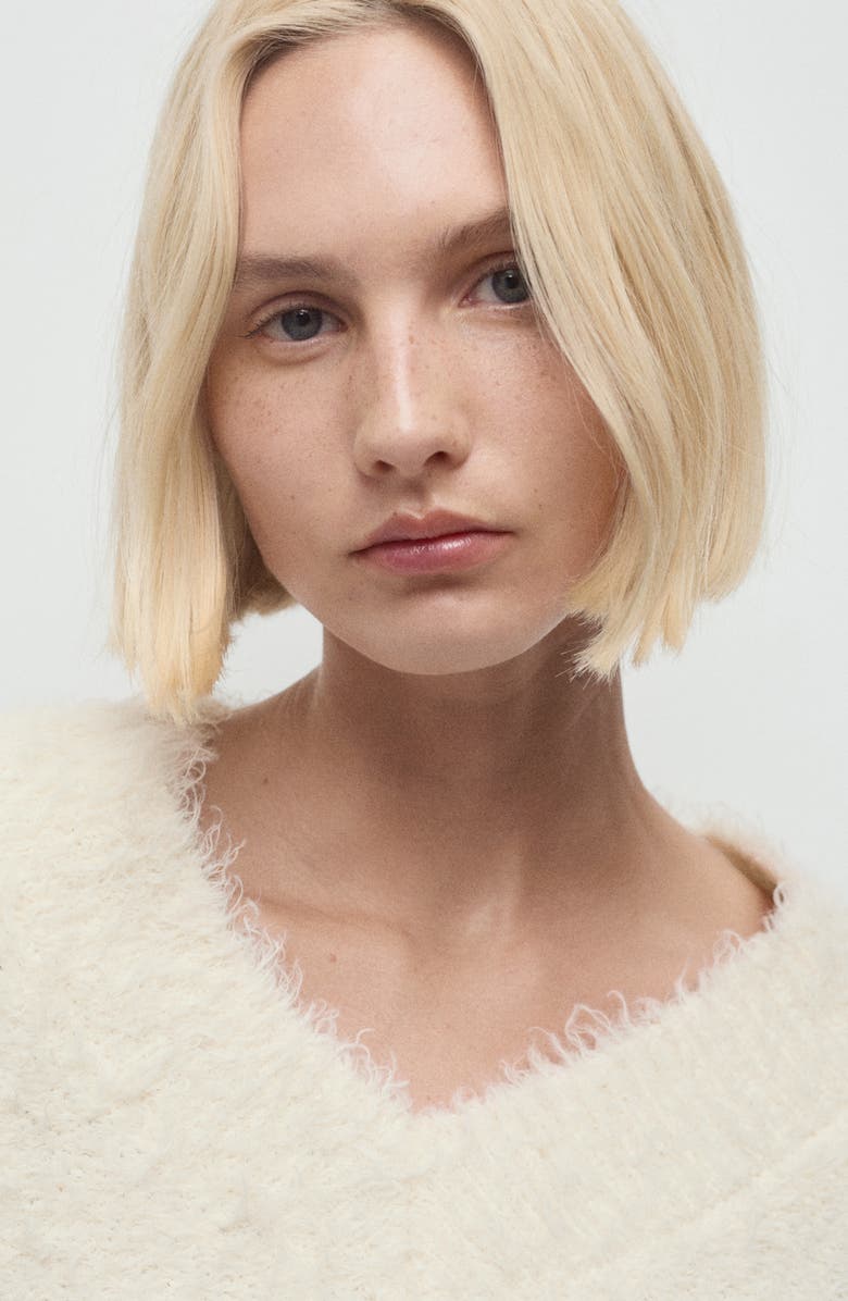 MANGO Faux Fur V-Neck Sweater, Alternate, color, Ecru