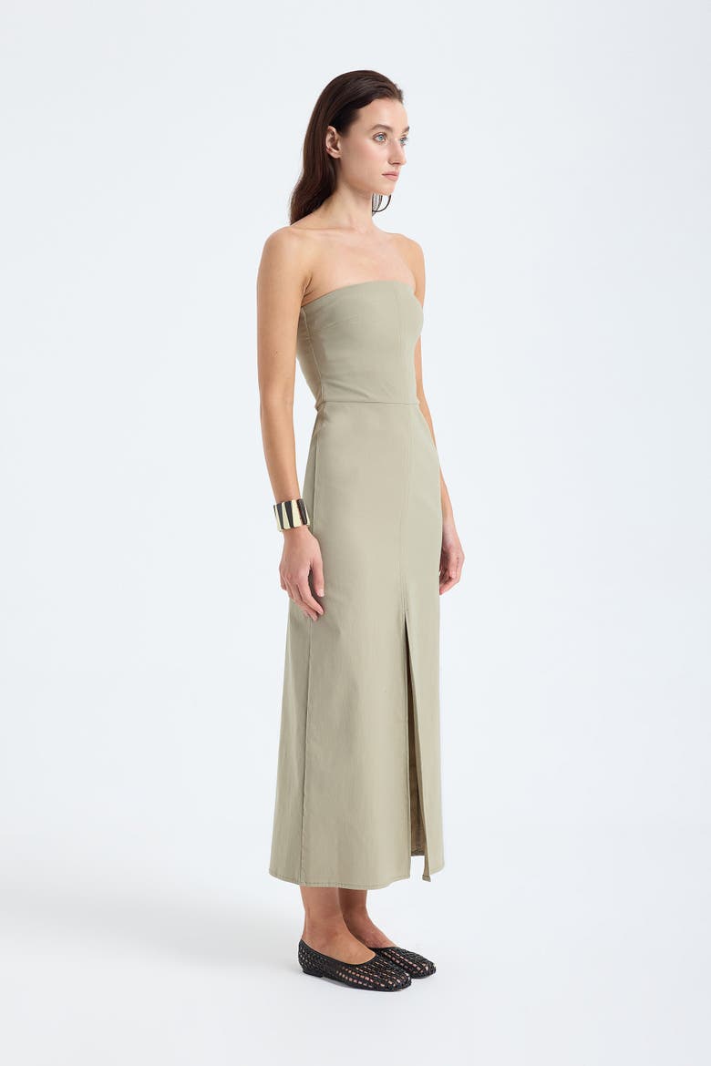 Akasha Strapless Cotton Blend Midi Dress with Front Slit, Alternate, color, Dusty Olive