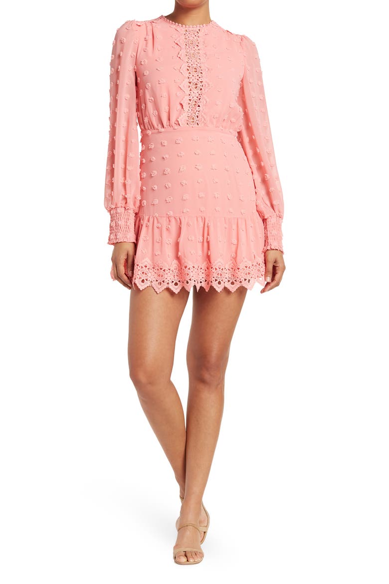 Rina Long Sleeve Dotted Chiffon Lace Trim Dress, Main, color, ROSE PETAL