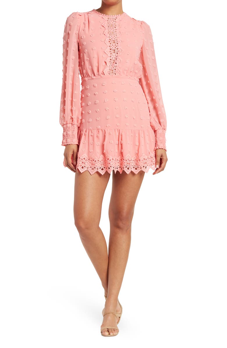 Love By Design Rina Long Sleeve Dotted Chiffon Lace Trim Dress, Main, color, Rose Petal